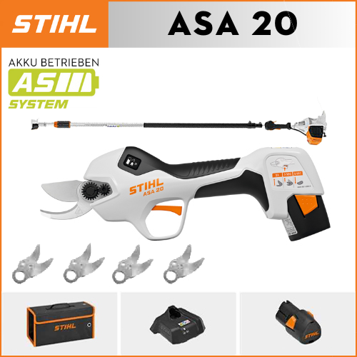 STIHL ASA20*1, Lithiumbatterie*1, Aufbewahrungsbox*1, Schneidköpfe*5, Ladegerät*1, Teleskopstange*1