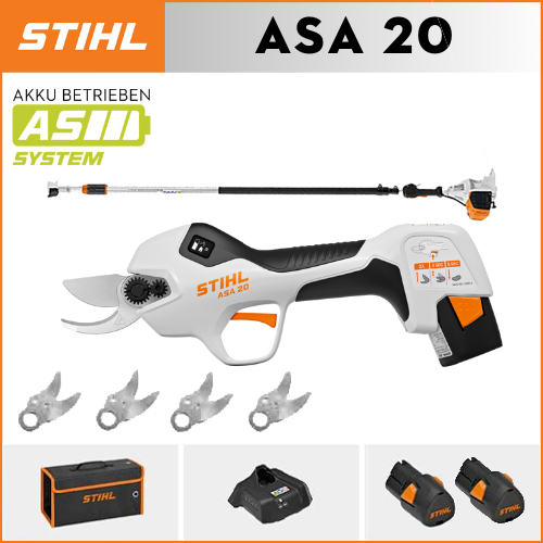 STIHL ASA20*1, Lithiumbatterie*2, Aufbewahrungsbox*1, Schneidkopf*5, Ladegerät*1, Teleskopstange*1