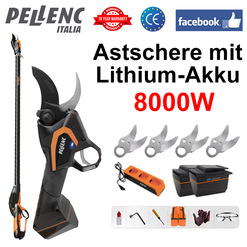 [Verlängerungsstange: 1,5 m ~ 4,6 m] LED-Leistungsanzeige (30 Stunden Akkulaufzeit) 8000 W bürstenloser Motor Lithium-Gartenschere + Akku*2 + Ladegerät + SK9-Legierungsklinge*4 + Schmiermittel + Schutzbrille