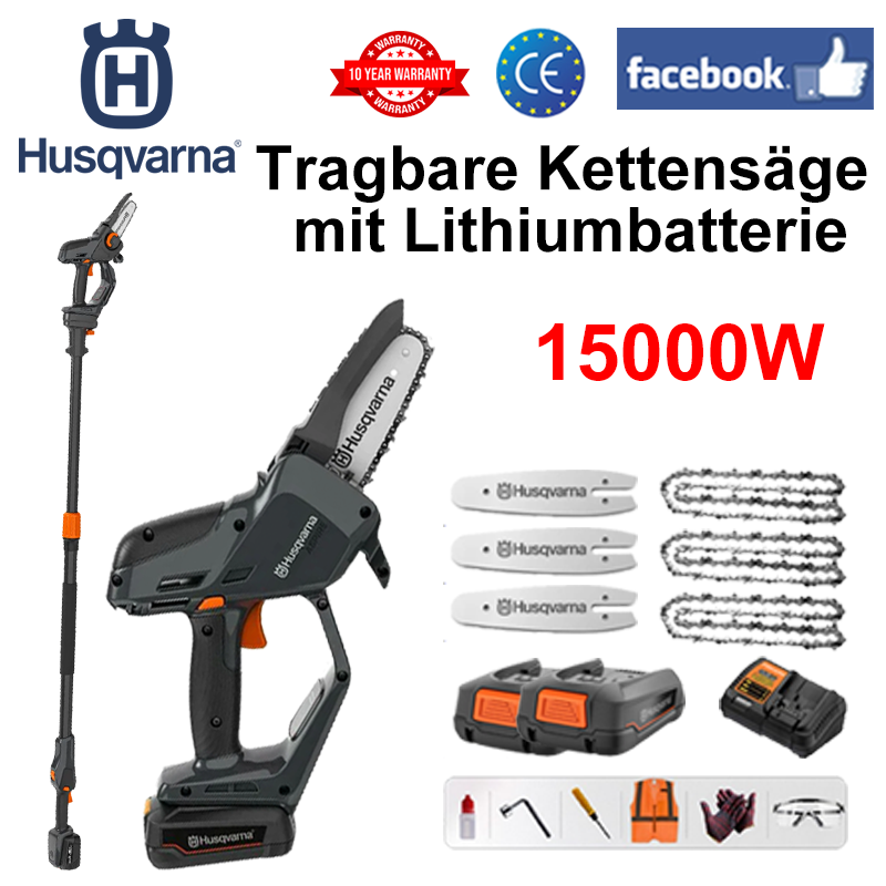 [Verlängerungsstange: 1,5 m ~ 4,6 m] LED-Leistungsanzeige - (Akkulaufzeit 16 Stunden) 15000 W Lithium-Elektrosäge + Akku*2 + Ladegerät + Lichtleiterplatte*3 + Kette*3 + Werkzeugkasten + Schmiermittel + Schutzbrille, 3 Jahre Garantie